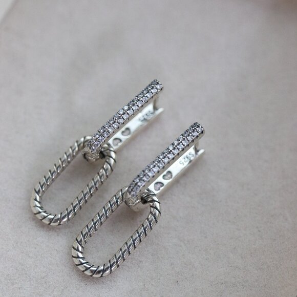 S925 U Shaped Hoop Drop Style Dangling Snake Skin Style with CZ Stone Earrings - Picture 4 of 8